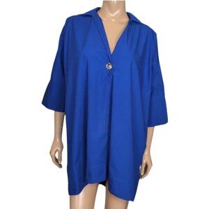 💠Zara Oversized Shirt Dress Womens Size Small Cobalt Blue Tunic Slit Sleeve